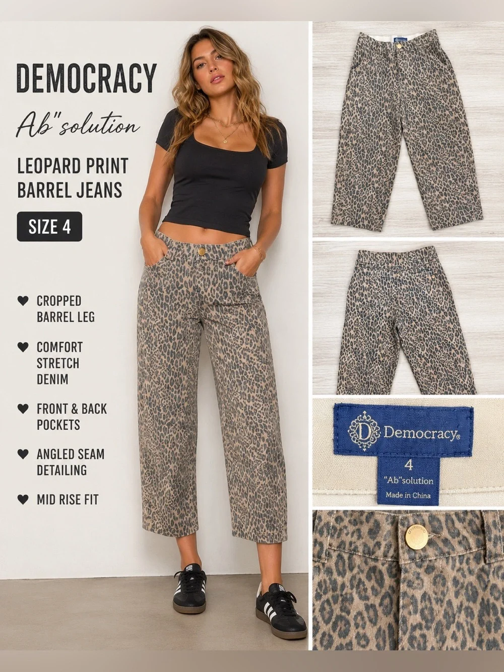 Democracy “Ab”solution Leopard Print Cropped Barrel/Cargo Jeans Size 4